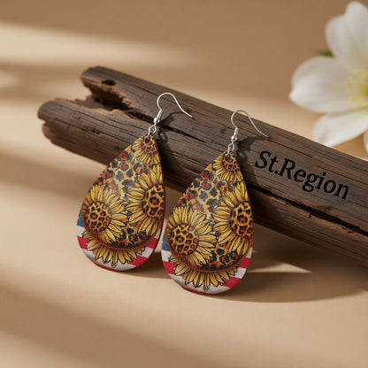 Silver-Plated Leopard Stars and Stripes Sunflower Drop Earrings, silver drop earrings for women, front view
