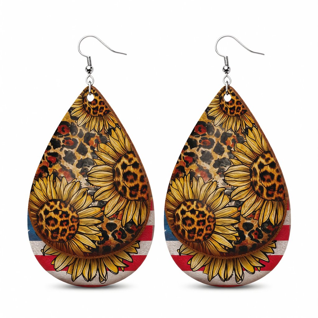 Silver-Plated Leopard Stars and Stripes Sunflower Drop Earrings, silver drop earrings for women, side view