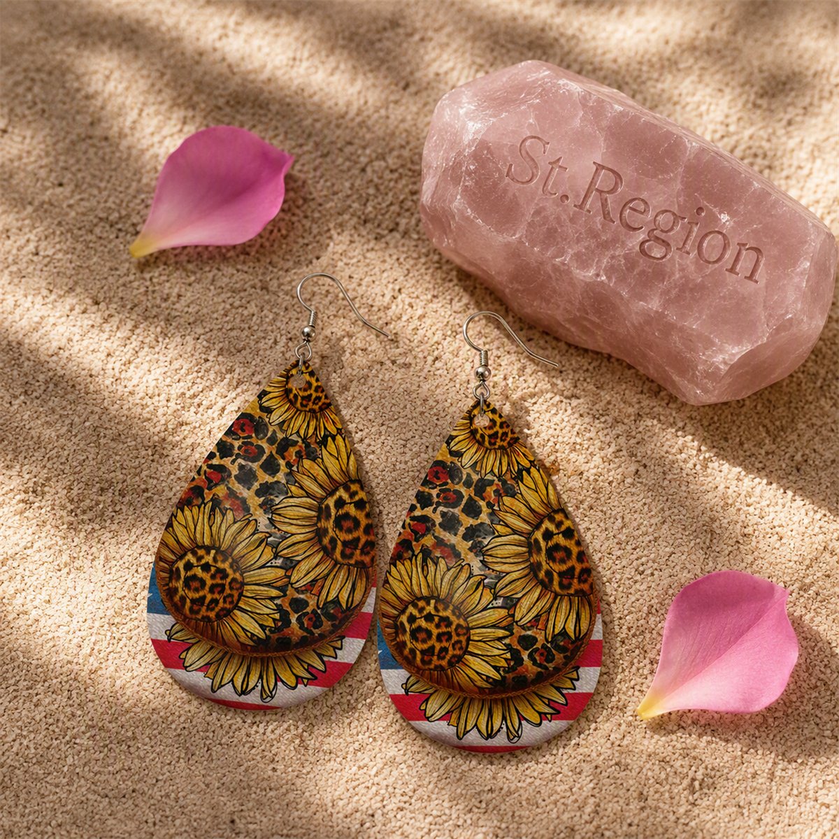 Silver-Plated Leopard Stars and Stripes Sunflower Drop Earrings, silver drop earrings for women, detail close-up