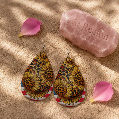 Silver-Plated Leopard Stars and Stripes Sunflower Drop Earrings, silver drop earrings for women, detail close-up