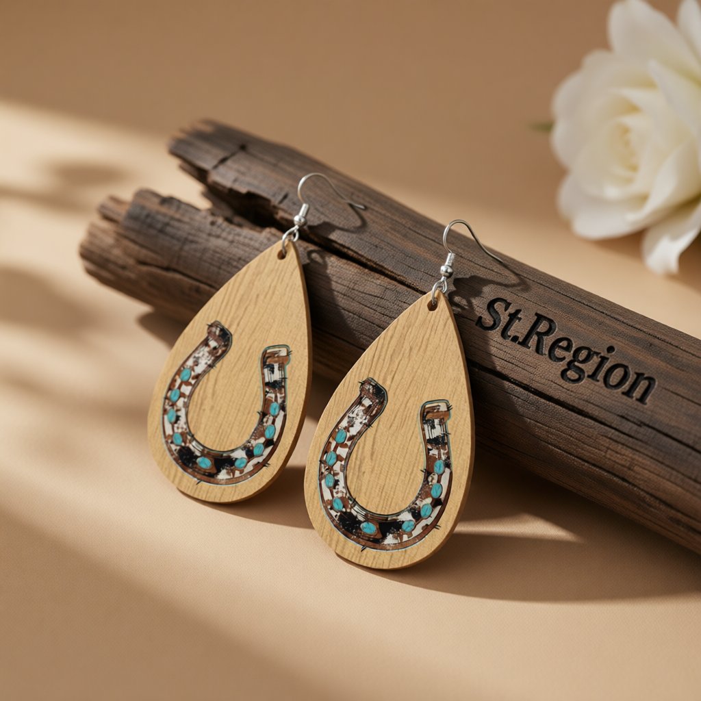 Tan and Teal Horseshoe Teardrop Earrings, drop earrings for women, botanical inspired, front view
