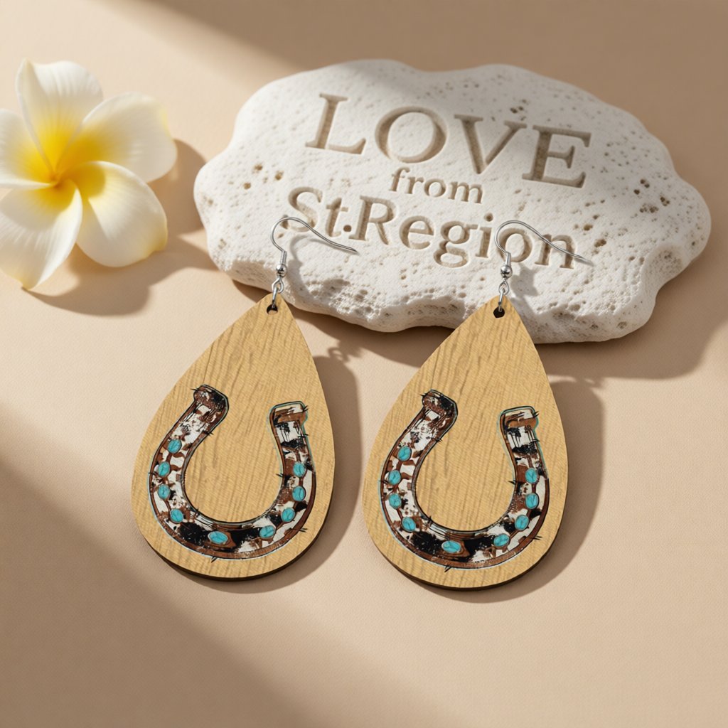 Tan and Teal Horseshoe Teardrop Earrings, drop earrings for women, botanical inspired, lifestyle look