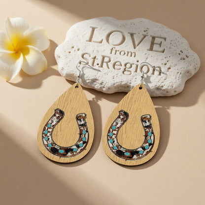 Tan and Teal Horseshoe Teardrop Earrings, drop earrings for women, botanical inspired, lifestyle look