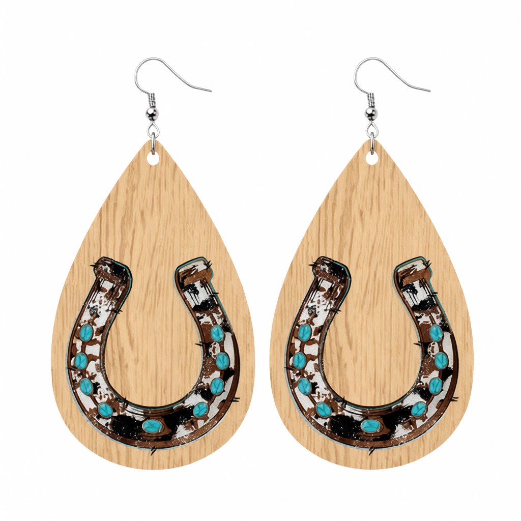 Tan and Teal Horseshoe Teardrop Earrings, drop earrings for women, botanical inspired, side view