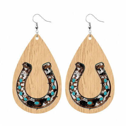 Tan and Teal Horseshoe Teardrop Earrings, drop earrings for women, botanical inspired, side view
