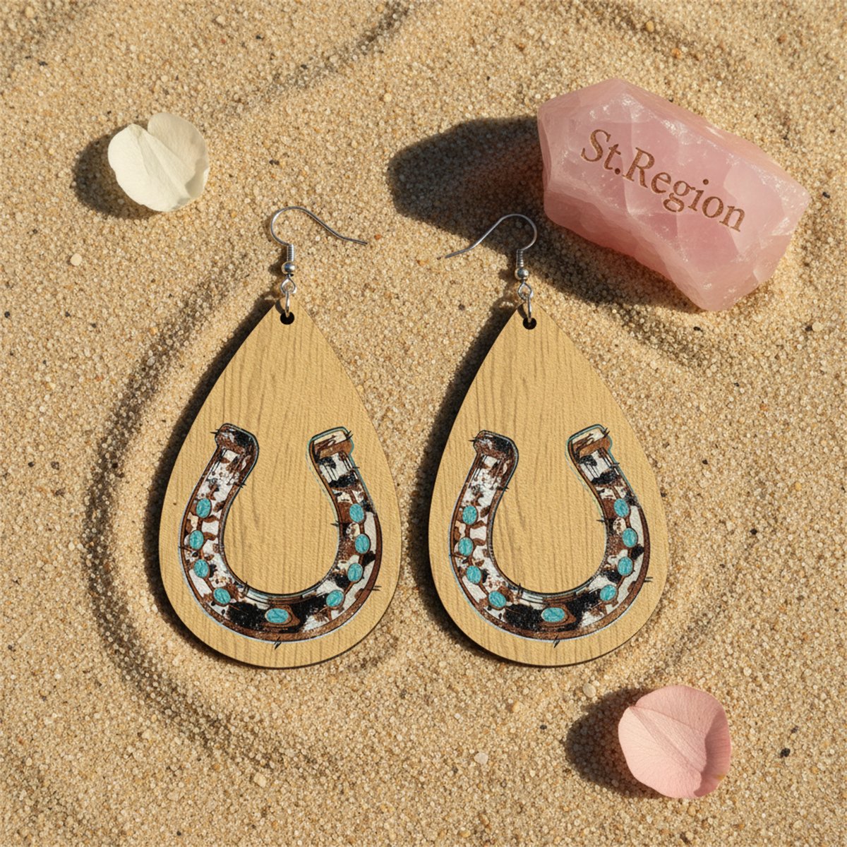Tan and Teal Horseshoe Teardrop Earrings, drop earrings for women, botanical inspired, detail close-up