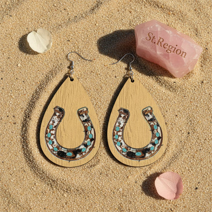 Tan and Teal Horseshoe Teardrop Earrings, drop earrings for women, botanical inspired, detail close-up