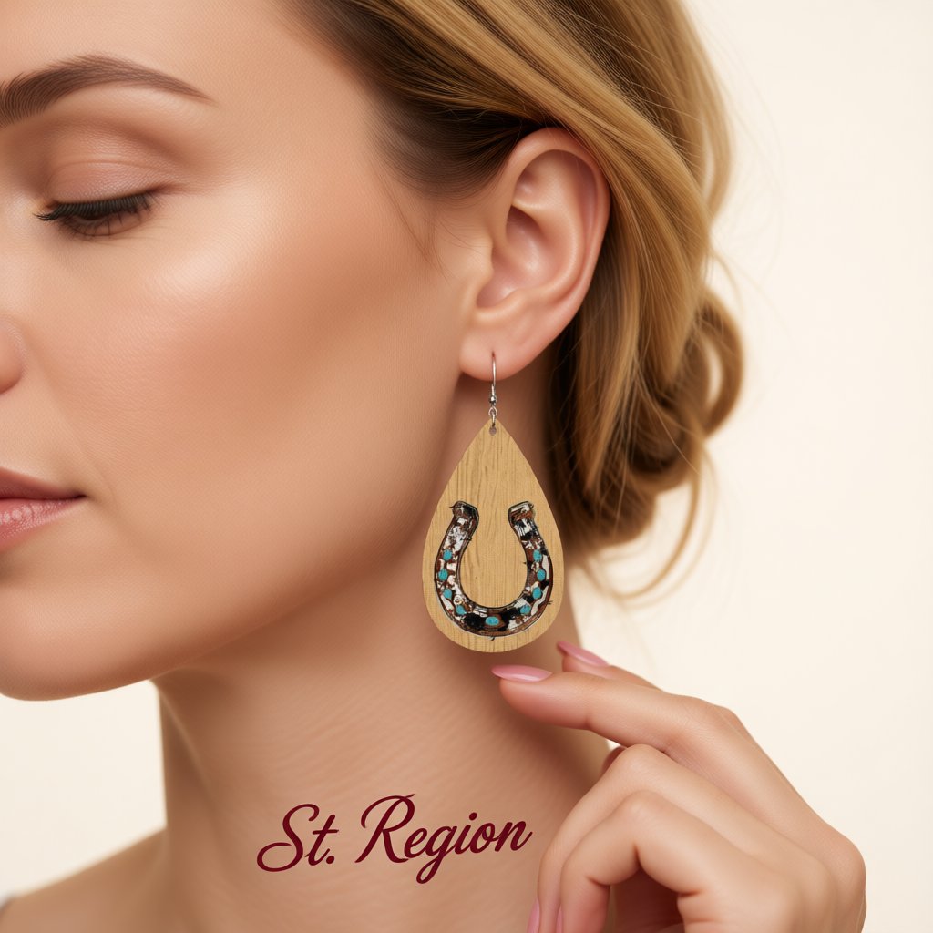 Tan and Teal Horseshoe Teardrop Earrings, drop earrings for women, botanical inspired, styled look