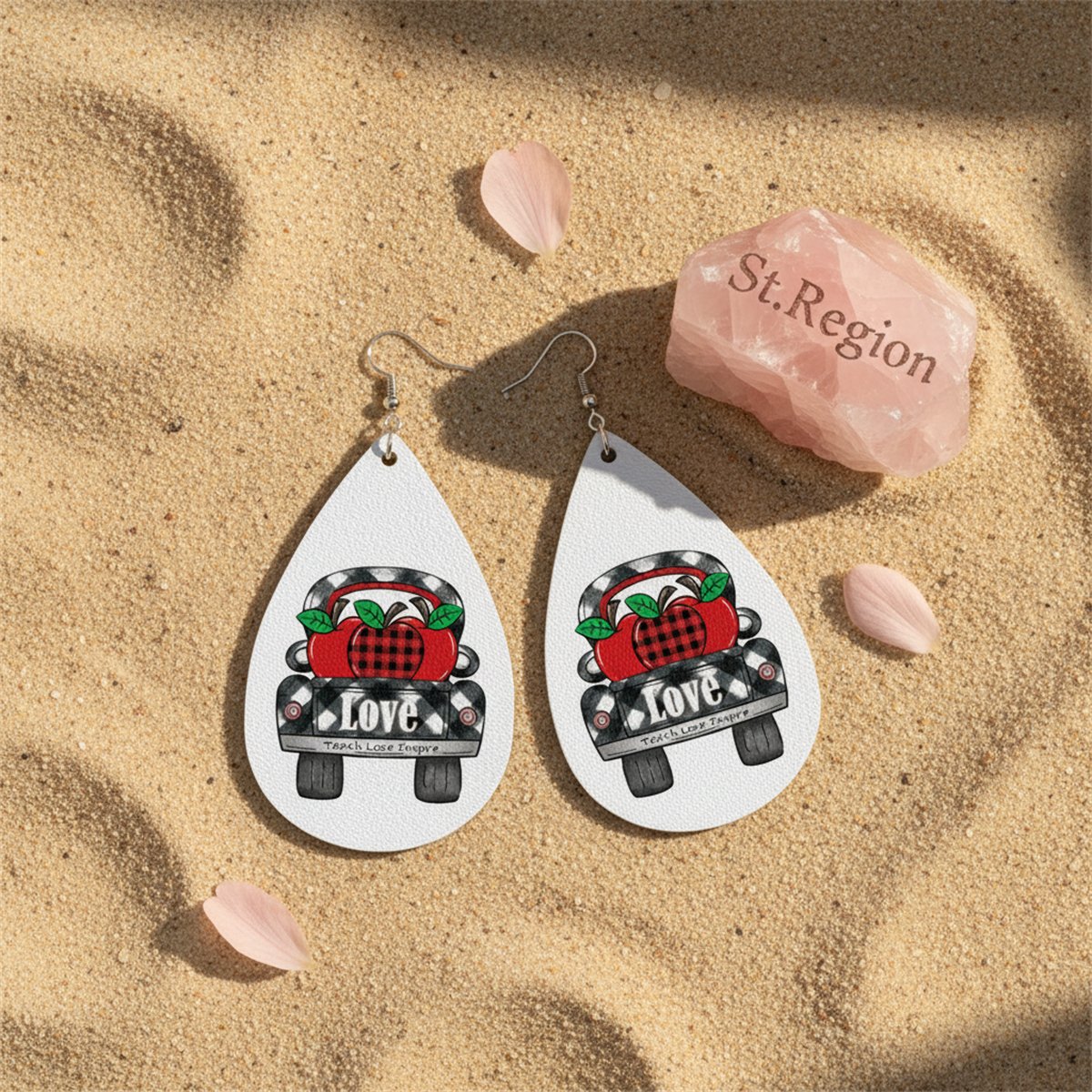 Red and Black Plaid Apple 'Love' Car Drop Earrings, drop earrings for women, elegant gift for her, detail close-up