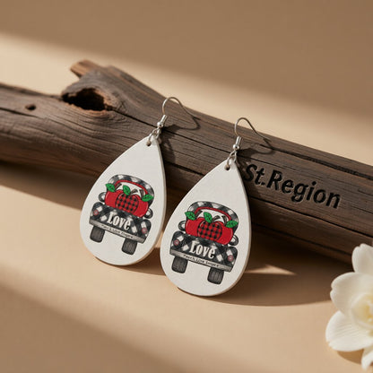 Red and Black Plaid Apple 'Love' Car Drop Earrings, drop earrings for women, elegant gift for her, front view