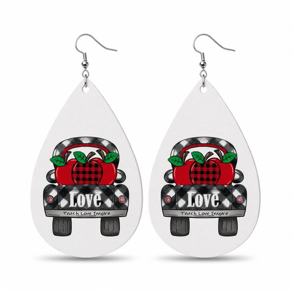 Red and Black Plaid Apple 'Love' Car Drop Earrings, drop earrings for women, elegant gift for her, side view