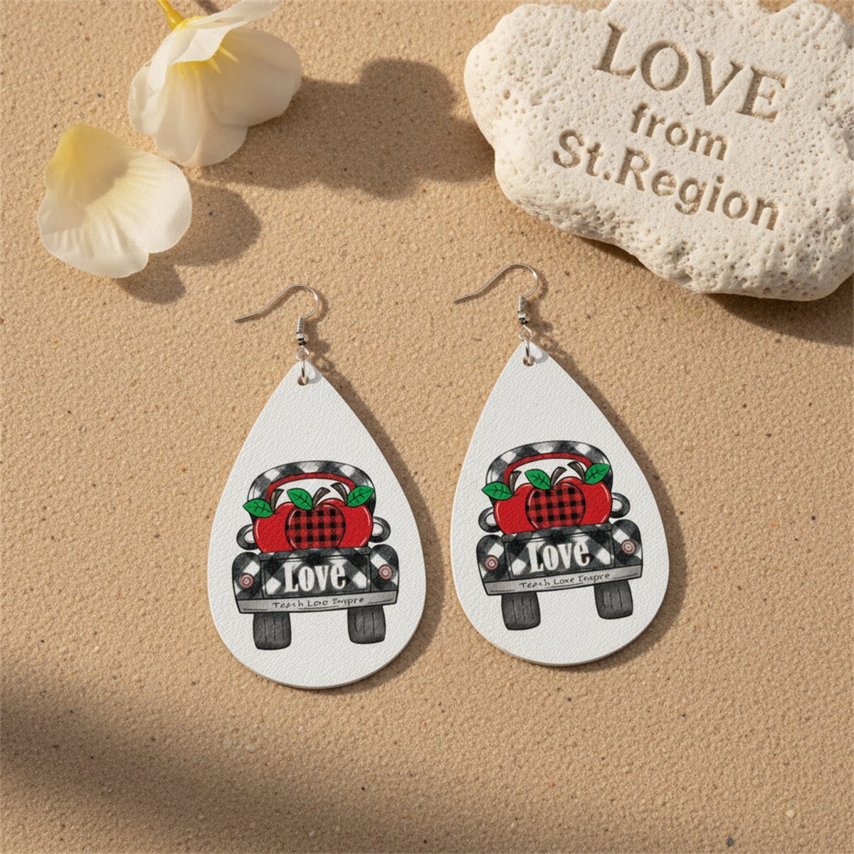 Red and Black Plaid Apple 'Love' Car Drop Earrings, drop earrings for women, elegant gift for her, lifestyle look