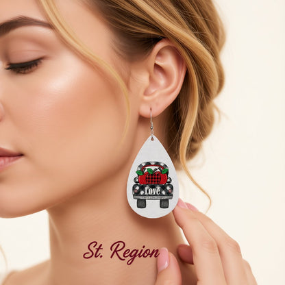 Red and Black Plaid Apple 'Love' Car Drop Earrings, drop earrings for women, elegant gift for her, styled look