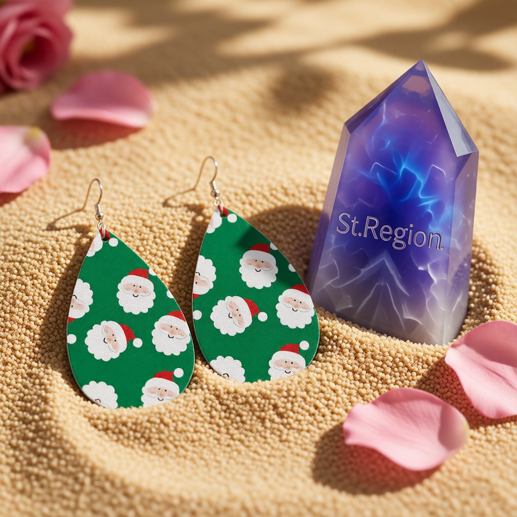Green Polystyrene and Silver-Plated Santas Drop Earrings, silver drop earrings for women, detail close-up
