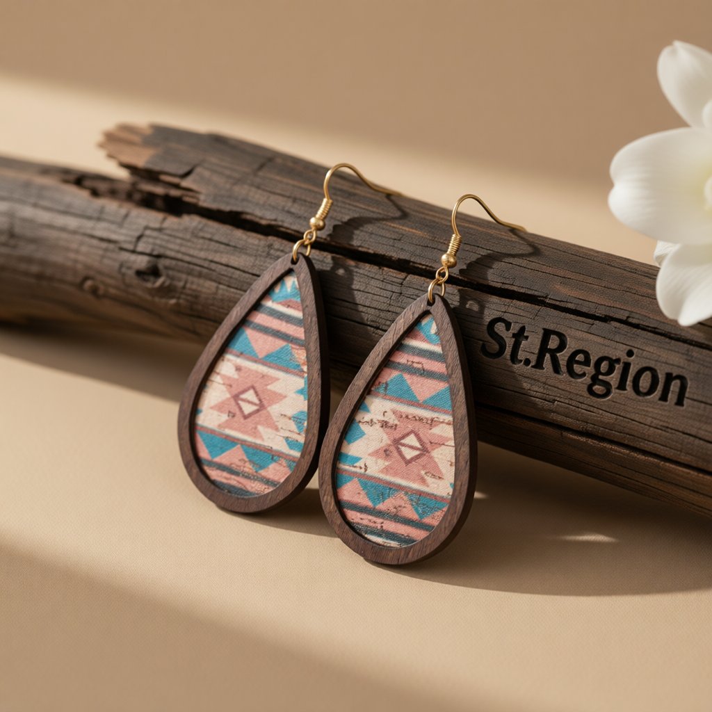 Pink and Wood 18K Gold-Plated Geometric Drop Earrings, gold drop earrings for women, botanical inspired, front view