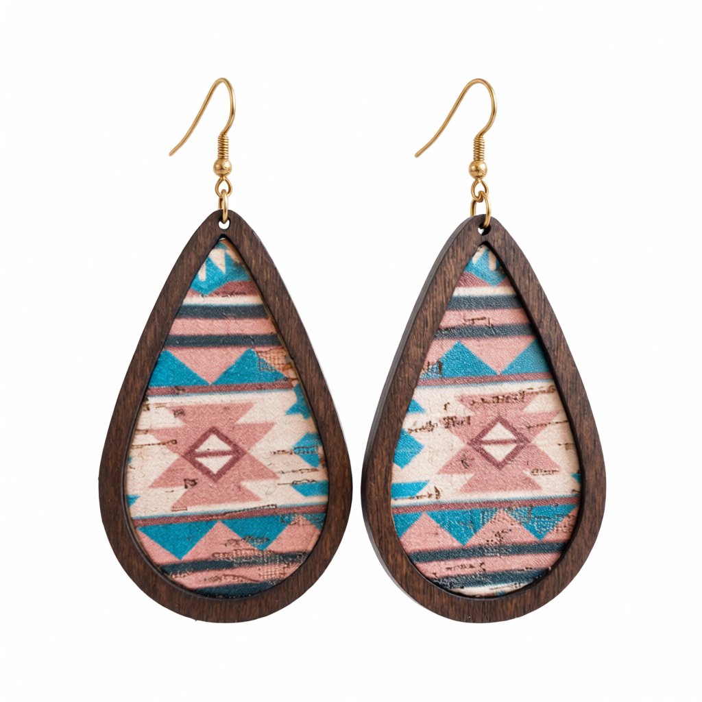 Pink and Wood 18K Gold-Plated Geometric Drop Earrings, gold drop earrings for women, botanical inspired, side view