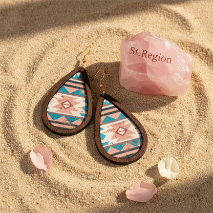 Pink and Wood 18K Gold-Plated Geometric Drop Earrings, gold drop earrings for women, botanical inspired, detail close-up