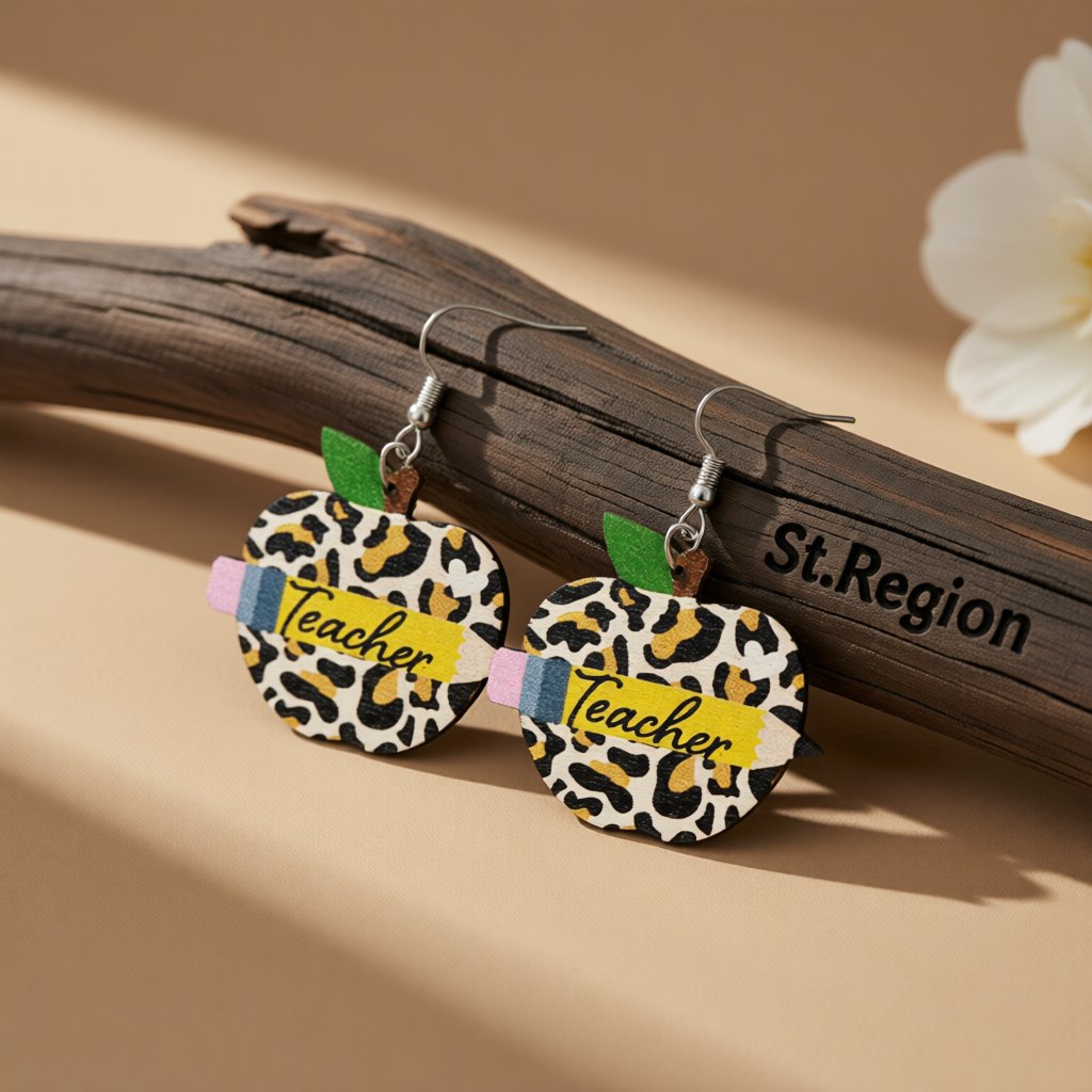 Wood and Silver-Plated Leopard 'Teacher' Drop Earrings, silver drop earrings for women, vintage-inspired design, front view