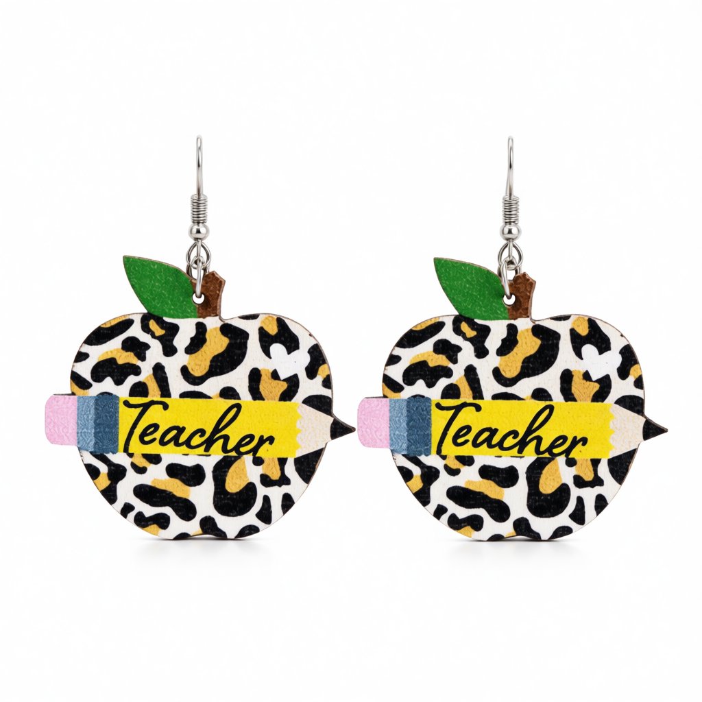 Wood and Silver-Plated Leopard 'Teacher' Drop Earrings, silver drop earrings for women, vintage-inspired design, side view