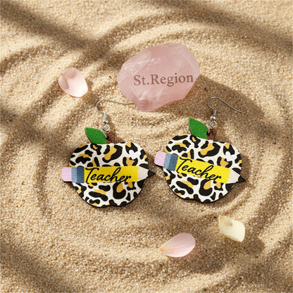 Wood and Silver-Plated Leopard 'Teacher' Drop Earrings, silver drop earrings for women, detail close-up