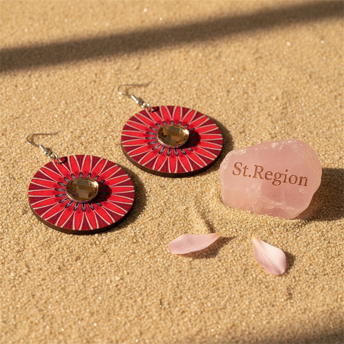 Crystal and Red Flower Round Drop Earrings, drop earrings for women, botanical inspired, detail close-up