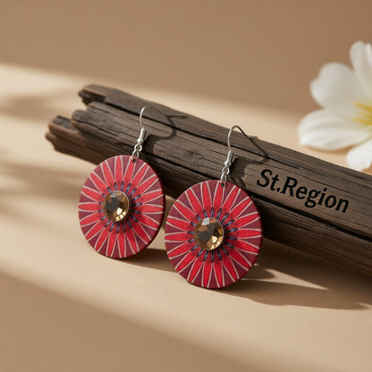 Crystal and Red Flower Round Drop Earrings, drop earrings for women, botanical inspired, front view