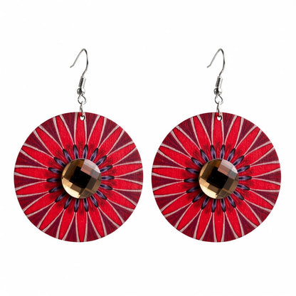 Crystal and Red Flower Round Drop Earrings, drop earrings for women, botanical inspired, side view