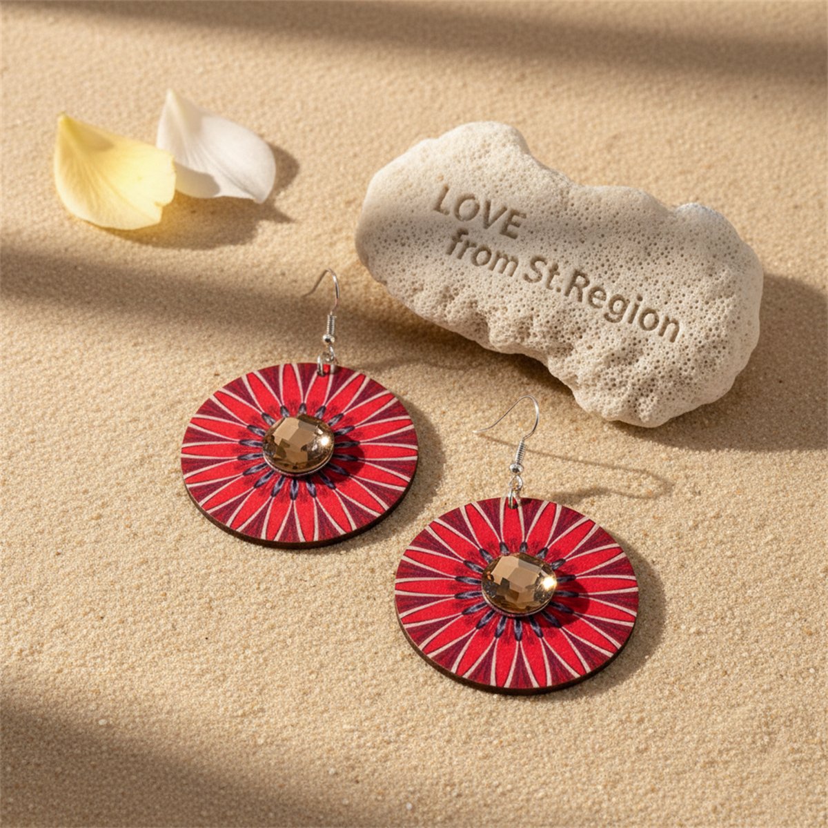 Crystal and Red Flower Round Drop Earrings, drop earrings for women, botanical inspired, lifestyle look