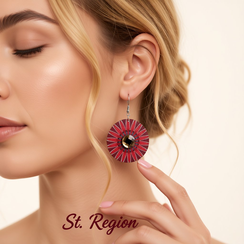 Crystal and Red Flower Round Drop Earrings, drop earrings for women, botanical inspired, styled look
