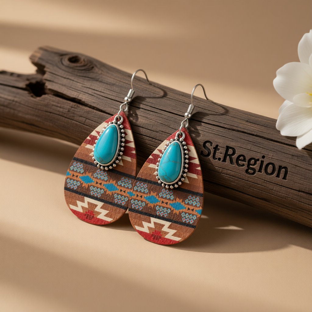 Turquoise and Multicolor Wood Sunset Drop Earrings, drop earrings for women, elegant gift for her, front view