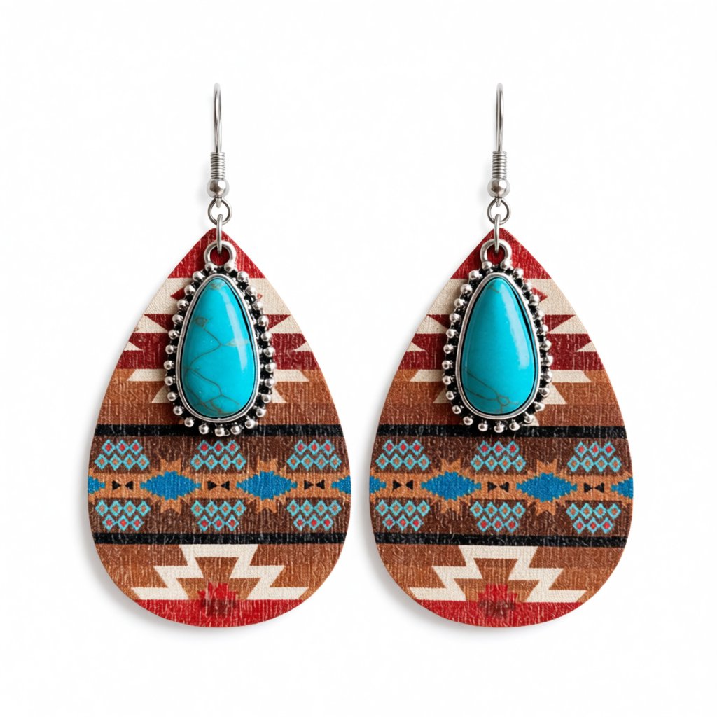 Turquoise and Multicolor Wood Sunset Drop Earrings, drop earrings for women, elegant gift for her, side view