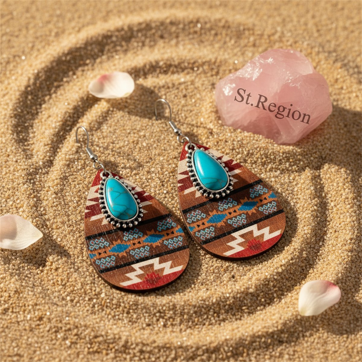 Turquoise and Multicolor Wood Sunset Drop Earrings, drop earrings for women, elegant gift for her, detail close-up