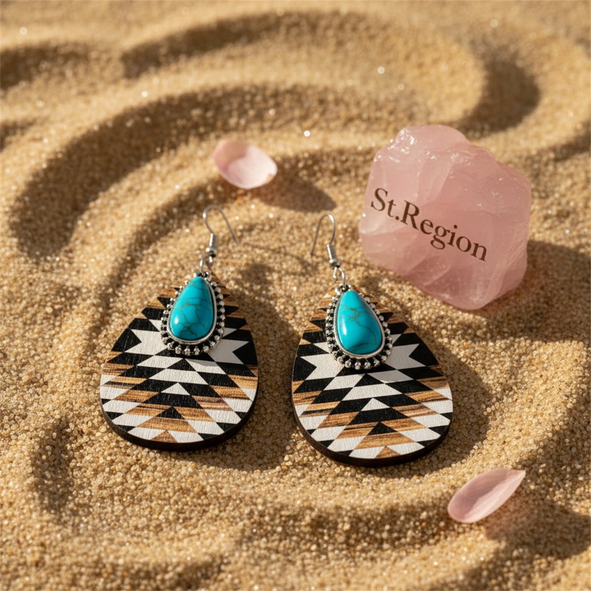 Turquoise and Brown Wood Geometric Lake Teardrop Earrings, drop earrings for women, everyday style, detail close-up