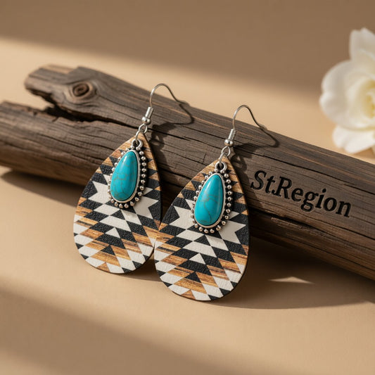 Turquoise and Brown Wood Geometric Lake Teardrop Earrings, drop earrings for women, everyday style, front view