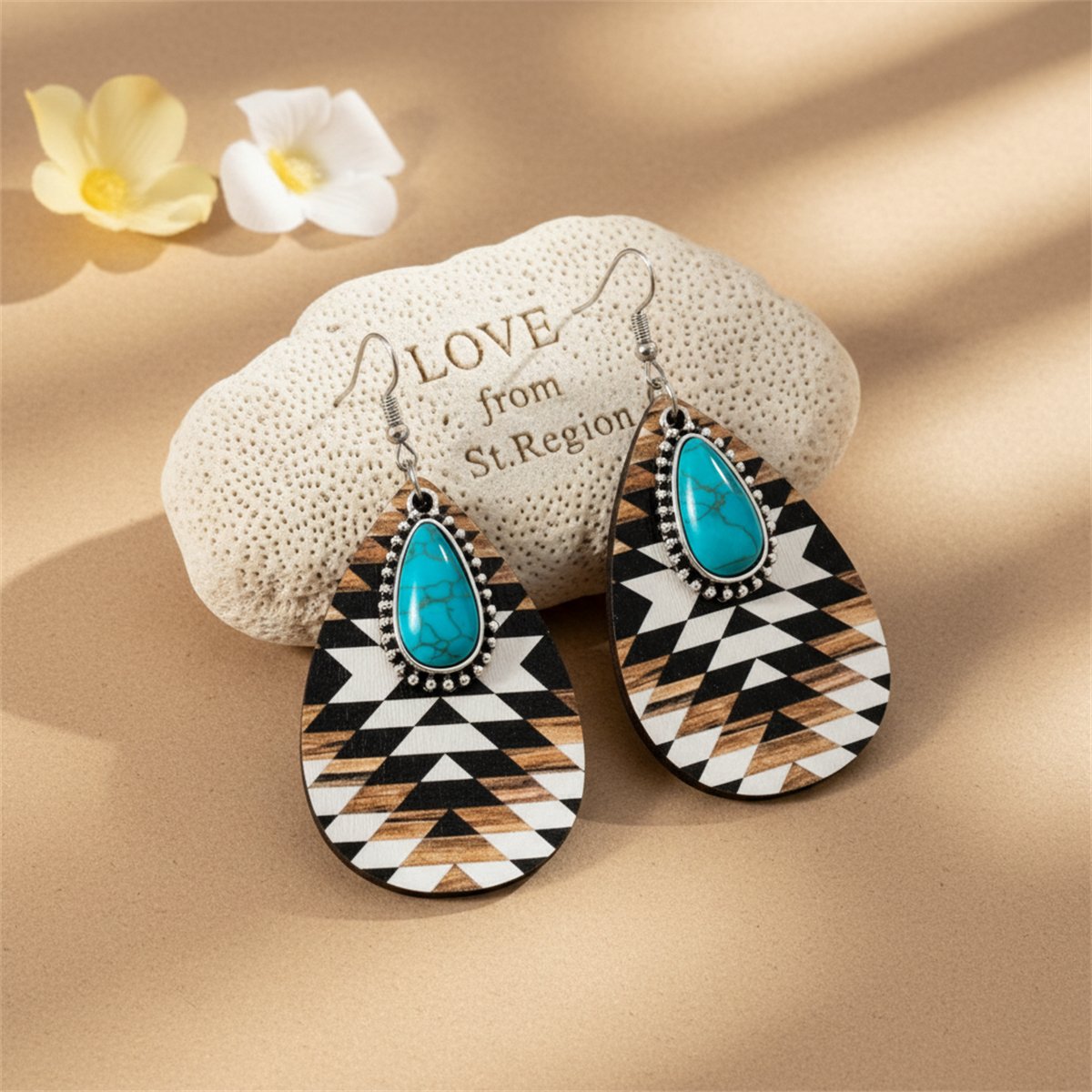 Turquoise and Brown Wood Geometric Lake Teardrop Earrings, drop earrings for women, everyday style, lifestyle look