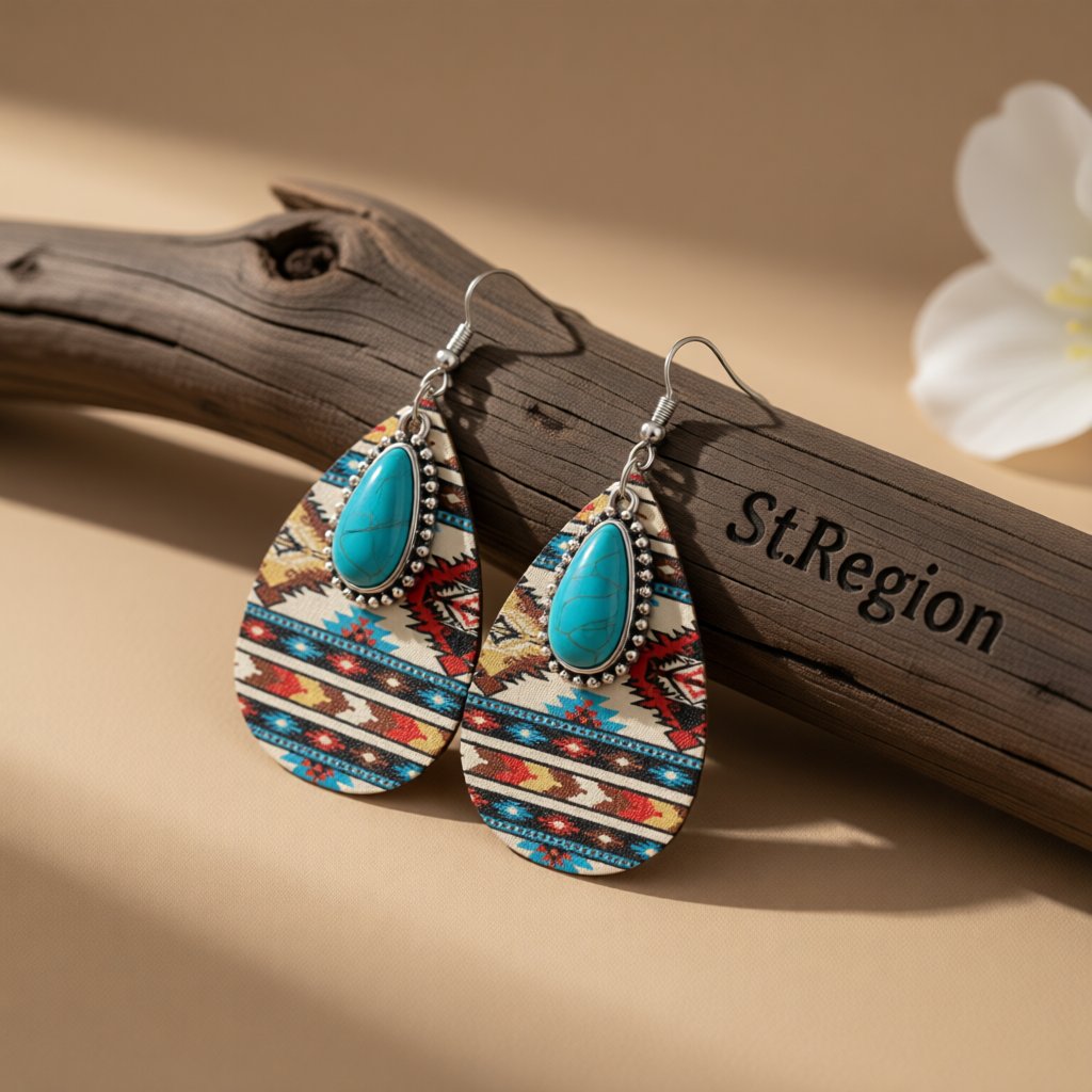 Turquoise and Red Wood Geometric Teardrop Earrings, drop earrings for women, everyday style, front view