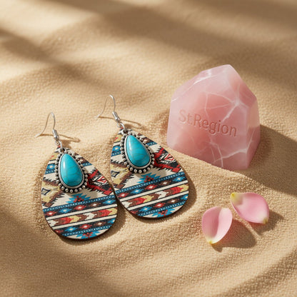 Turquoise and Red Wood Geometric Teardrop Earrings, drop earrings for women, everyday style, detail close-up