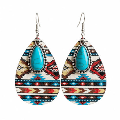 Turquoise and Red Wood Geometric Teardrop Earrings, drop earrings for women, everyday style, side view