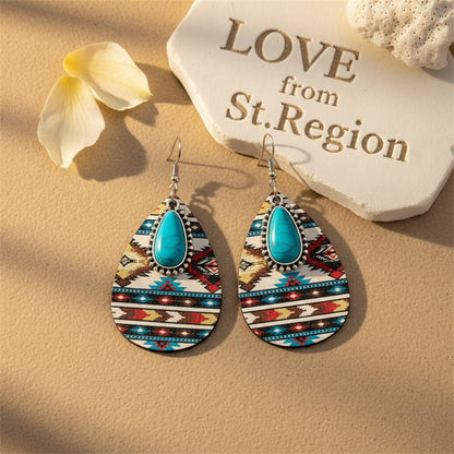 Turquoise and Red Wood Geometric Teardrop Earrings, drop earrings for women, everyday style, lifestyle look
