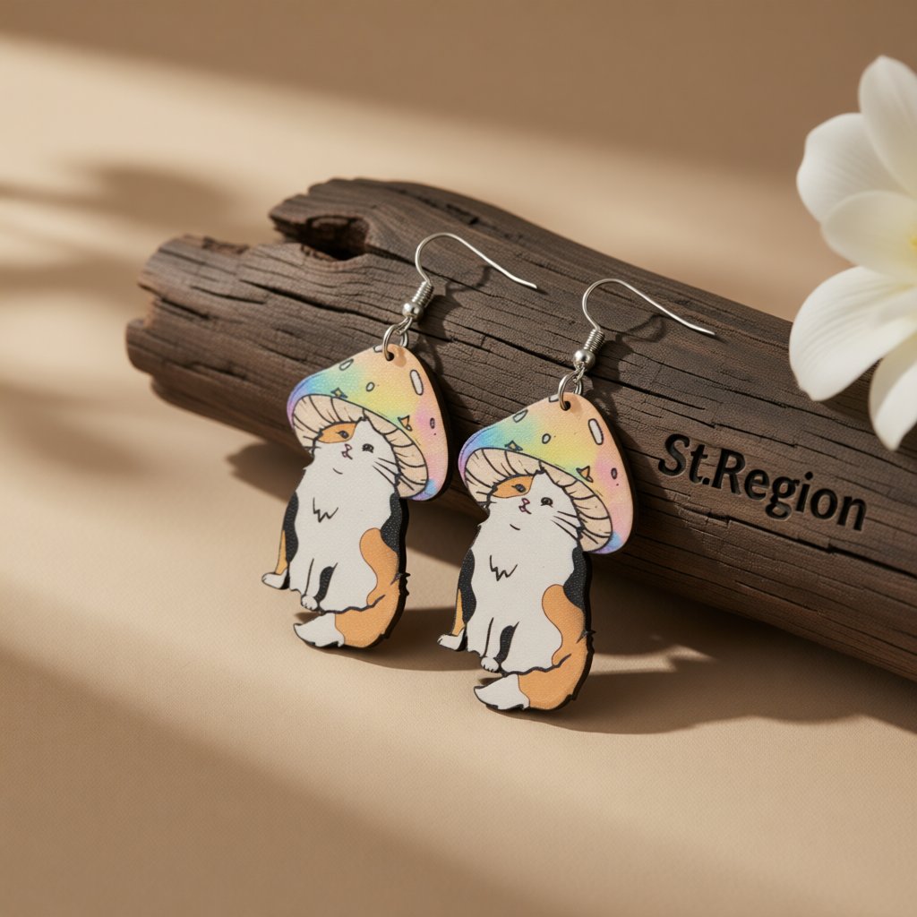 Pink and White Mushroom Cat Wood Drop Earrings, drop earrings for women, elegant gift for her, front view