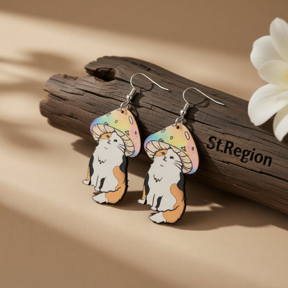 Pink and White Mushroom Cat Wood Drop Earrings, drop earrings for women, elegant gift for her, front view