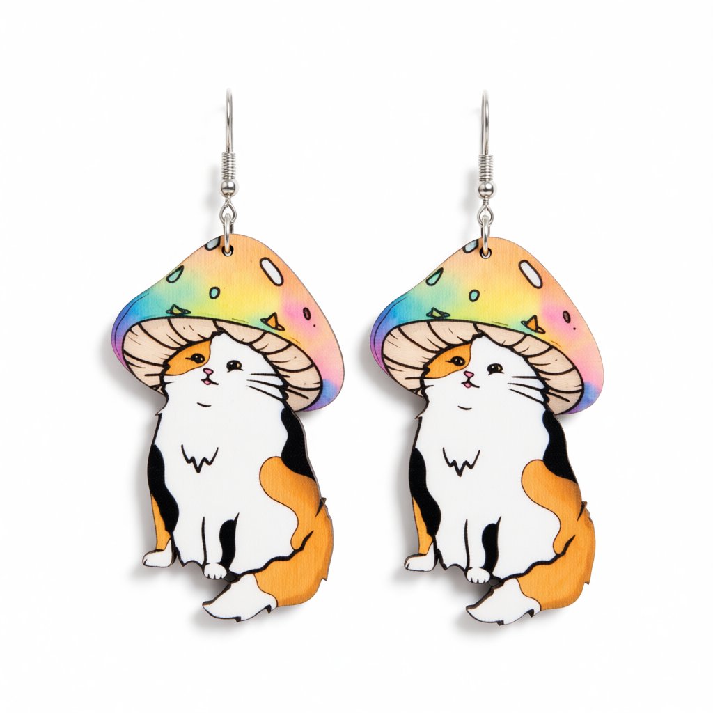 Pink and White Mushroom Cat Wood Drop Earrings, drop earrings for women, elegant gift for her, side view
