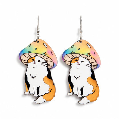 Pink and White Mushroom Cat Wood Drop Earrings, drop earrings for women, elegant gift for her, side view