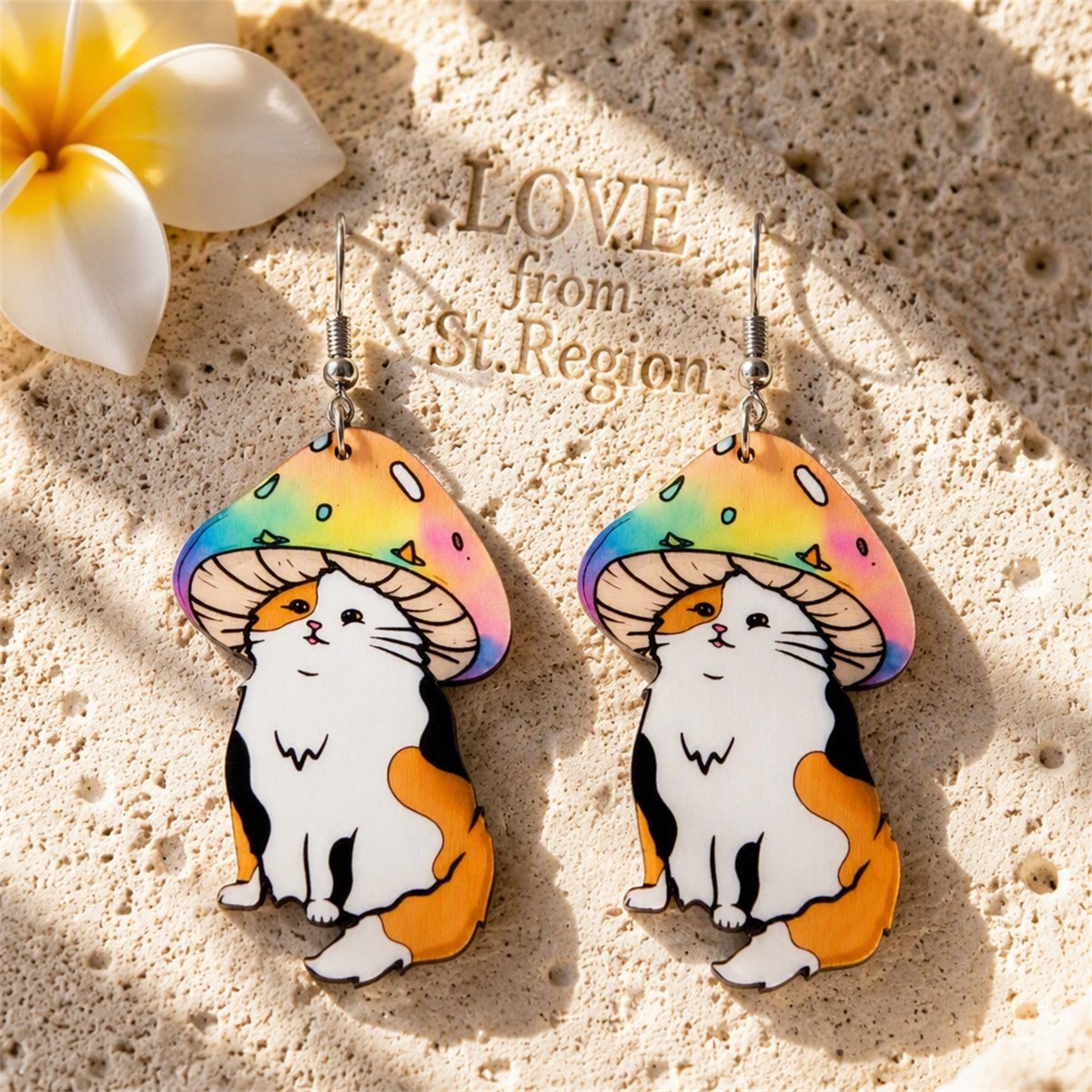 Pink and White Mushroom Cat Wood Drop Earrings, drop earrings for women, elegant gift for her, lifestyle look