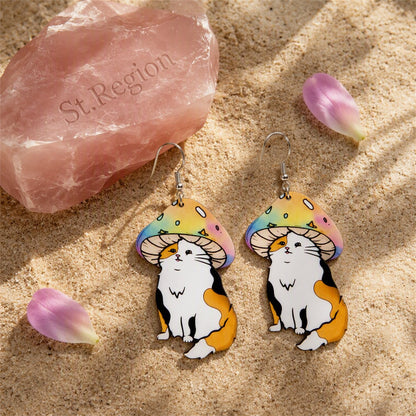 Pink and White Mushroom Cat Wood Drop Earrings, drop earrings for women, elegant gift for her, detail close-up