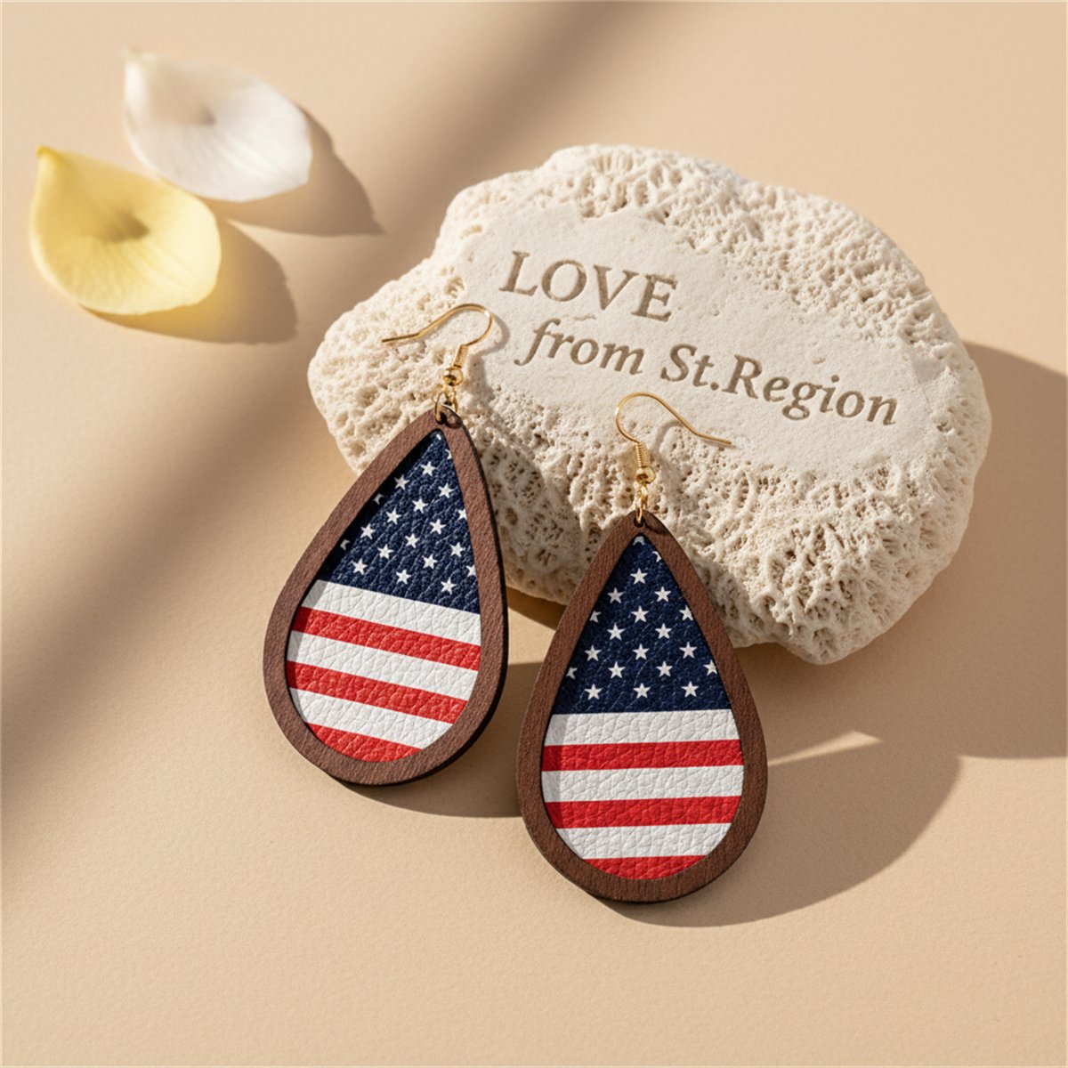 Red Polystyrene and Multicolor Wood American Flag Drop Earrings, drop earrings for women, lifestyle look
