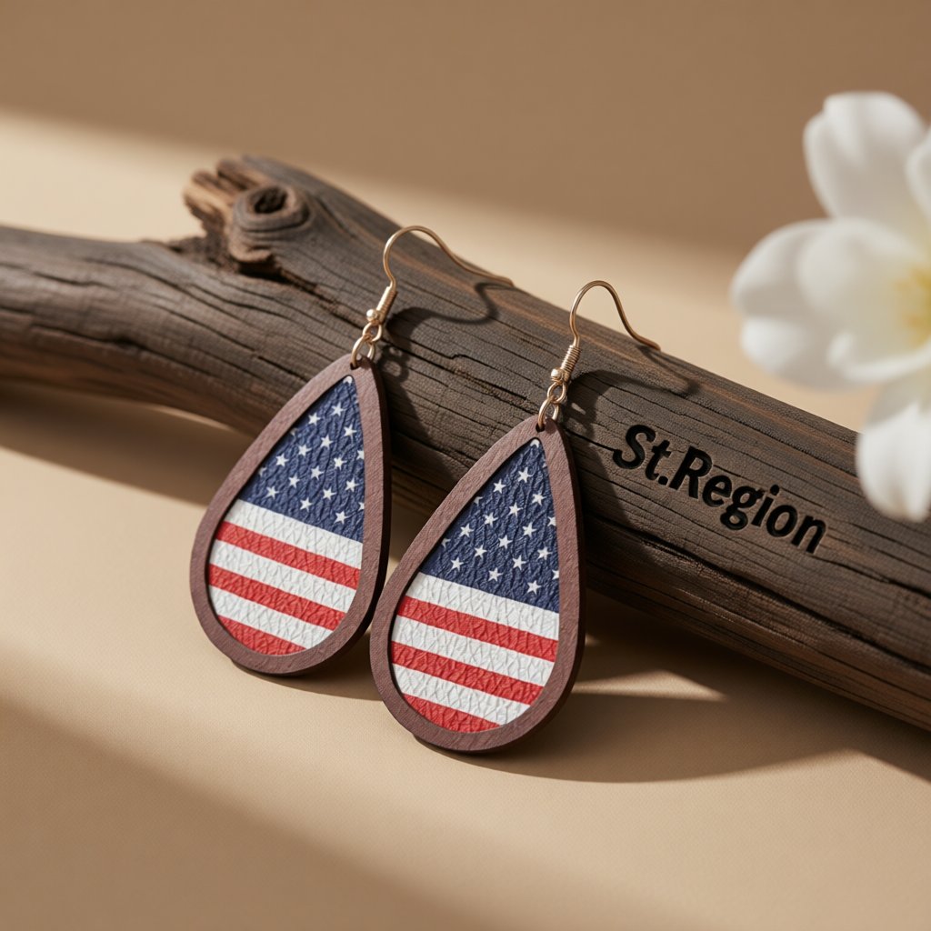 Red Polystyrene and Multicolor Wood American Flag Drop Earrings, drop earrings for women, botanical inspired, front view