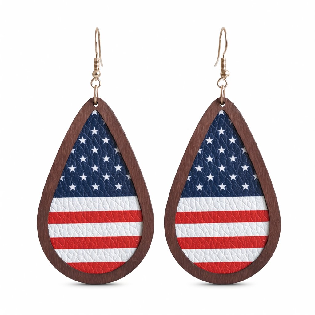 Red Polystyrene and Multicolor Wood American Flag Drop Earrings, drop earrings for women, botanical inspired, side view