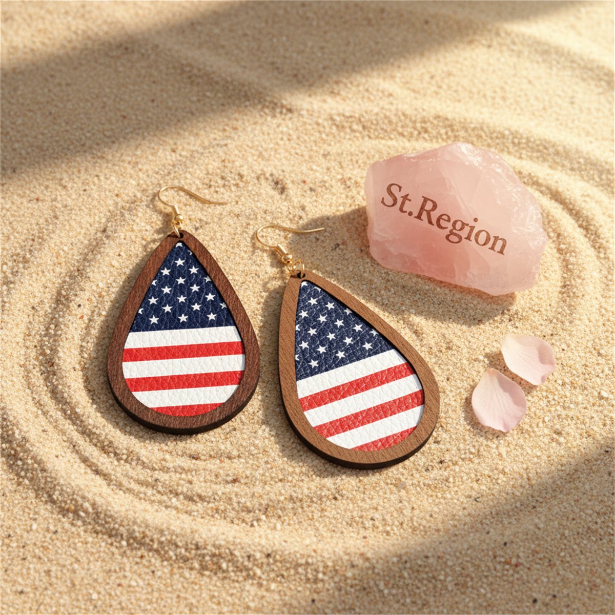 Red Polystyrene and Multicolor Wood American Flag Drop Earrings, drop earrings for women, detail close-up