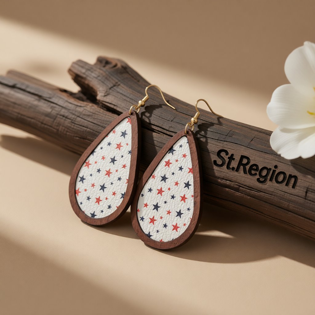 White Polystyrene and Wood 18K Gold-Plated Star Drop Earrings, gold drop earrings for women, everyday style, front view